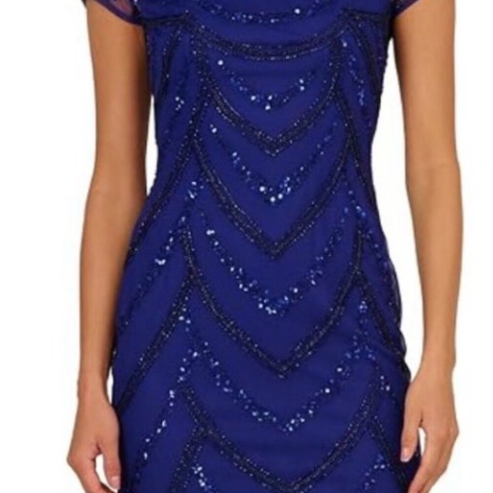 NWT Adrianna Papell Blue Violet Beaded Mesh Cocktail Dress. Size 10